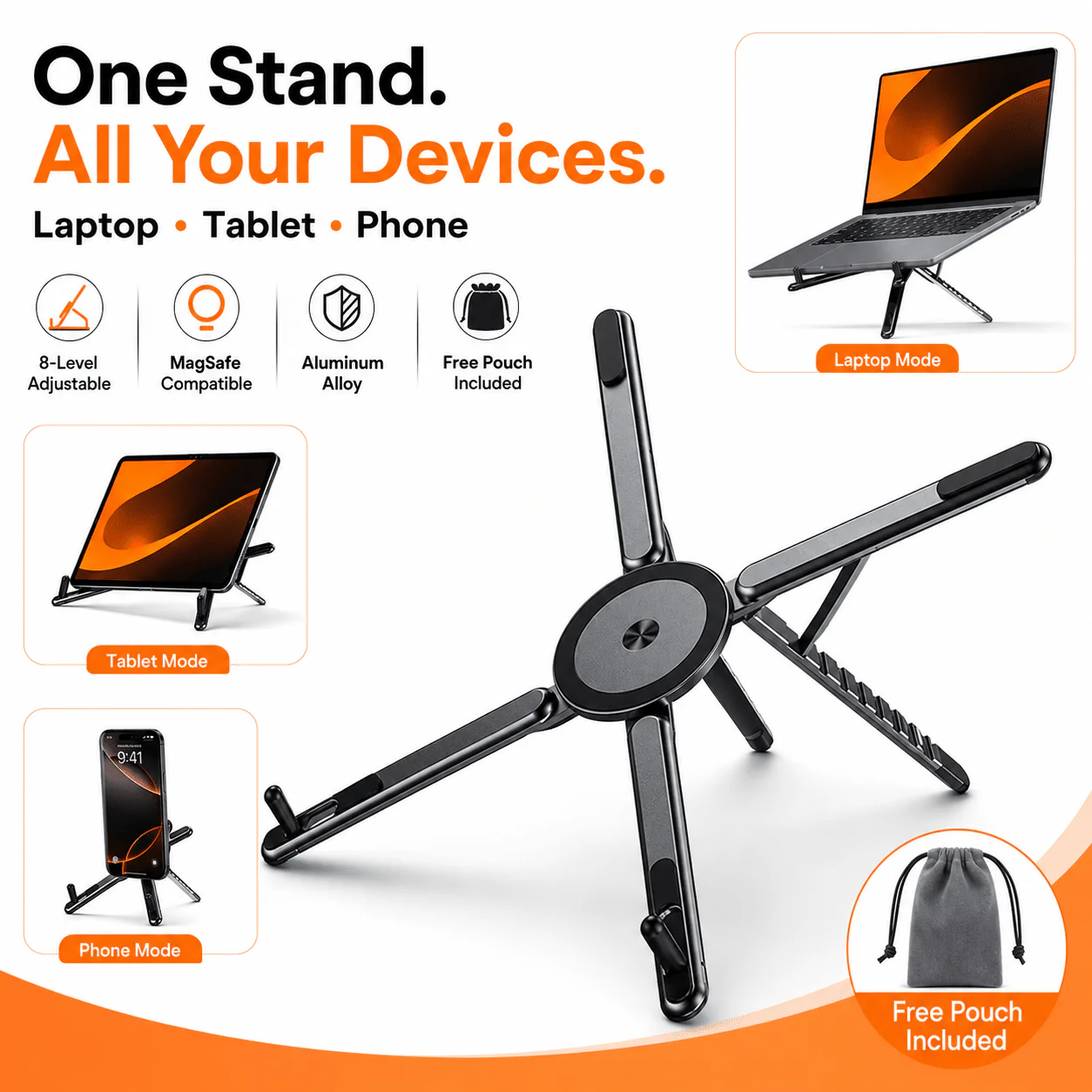 1 3-in-1 Magnetic Aluminum Stand – Foldable Laptop, Tablet & Phone Desk Stand - Image 1